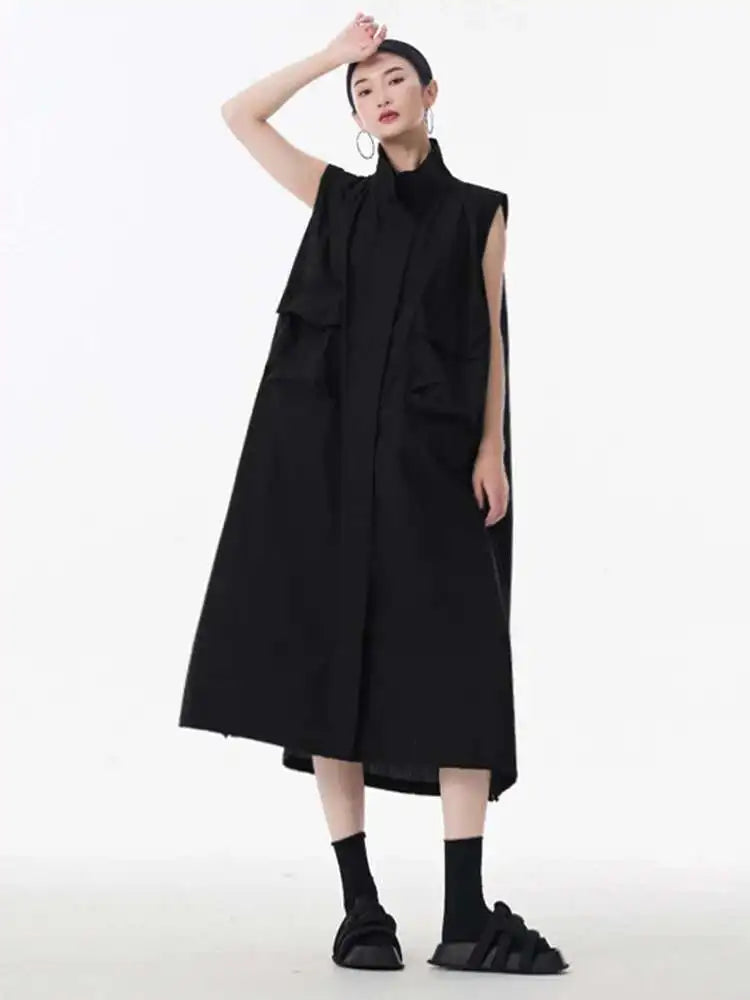 [EAM] Women Green Pocket Hem Drawstring Big Size Vest Dress New Stand Collar Sleeveless Fashion Tide Spring Autumn 2025 1DJ0147