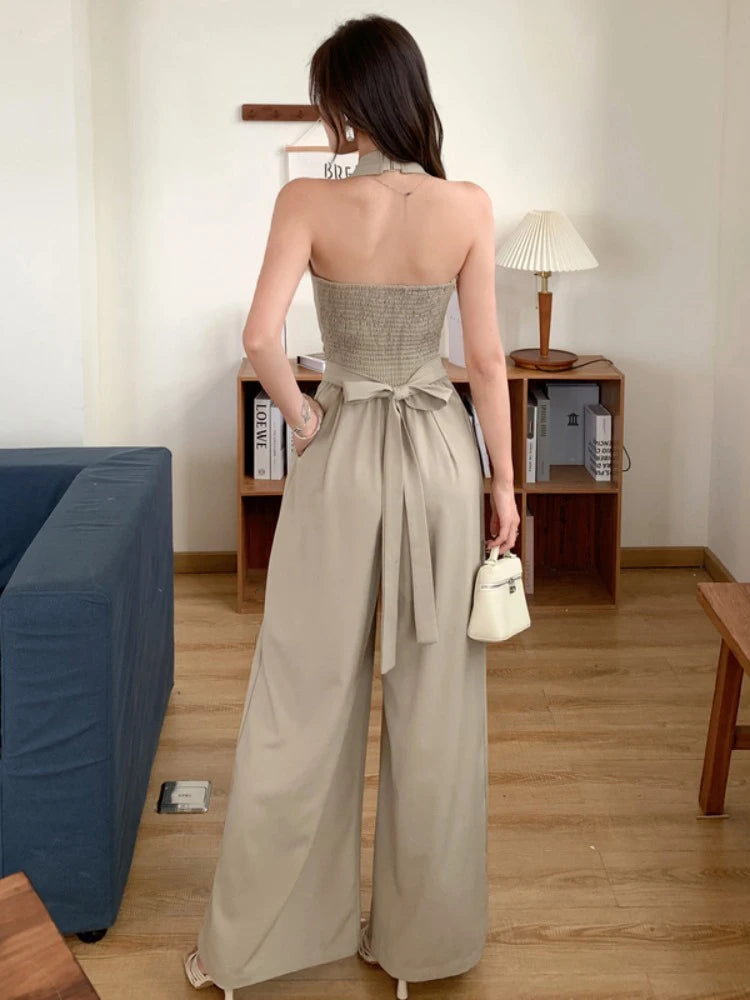Fashion Elegant Women's Maxi Jumpsuits Style Formal Casual Hatler Bandage Bow Backless Long Pants Party Mujer Loose Rompers Lady