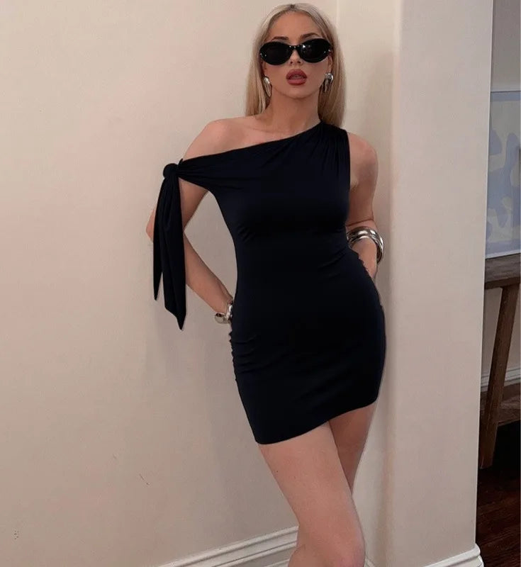 Talenza Black One Shoulder Mini Dress Fashion Hot Girls Sexy Sleeveless Patchwork Bandage Short Dresses Women New Tight Dresses