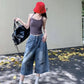 American Style Retro Street Women's Mid-Length Jeans Graffiti Design Loose Straight Cut Shorts Casual Fashionable Denim Shorts