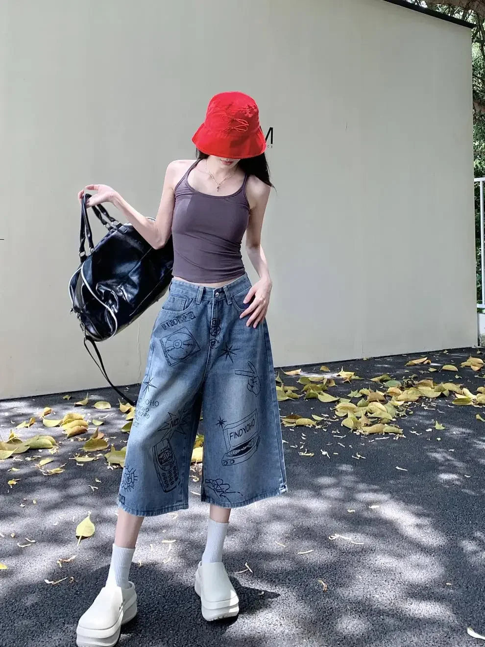 American Style Retro Street Women's Mid-Length Jeans Graffiti Design Loose Straight Cut Shorts Casual Fashionable Denim Shorts