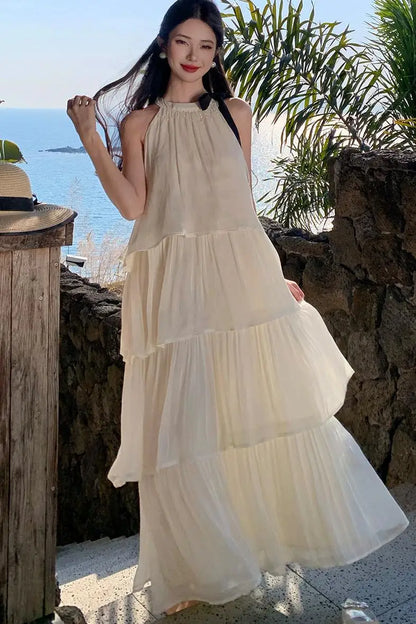Vintage Women Beige Elegant Off Shoulder Evening Party Dress Summer Sleeveless Vacation Pleated Halter Cake Long Sundress Simple