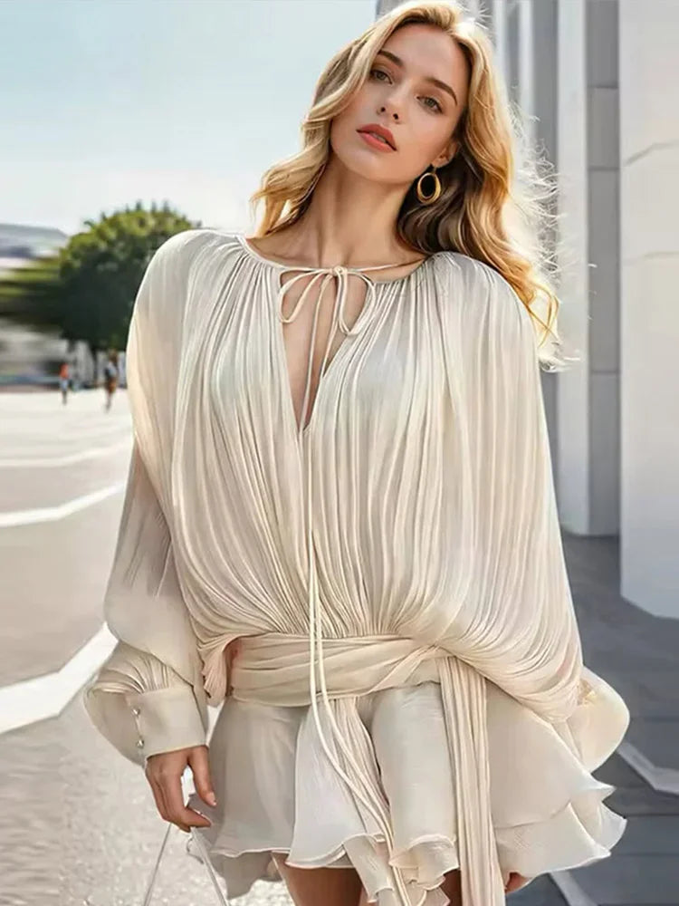 Luxury Elegant Mini Dress For Women V Collar Lace Up Blouse Dresses Long Sleeve Stacked Hem Vestido 2025 New Lady Women Clothing