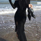 IAMSURE Elegant Fashion Dark Ruffles Split Long Dress Gothic Slash Neck Long Sleeve Maxi Dresses For Women 2023 Holiday Beach