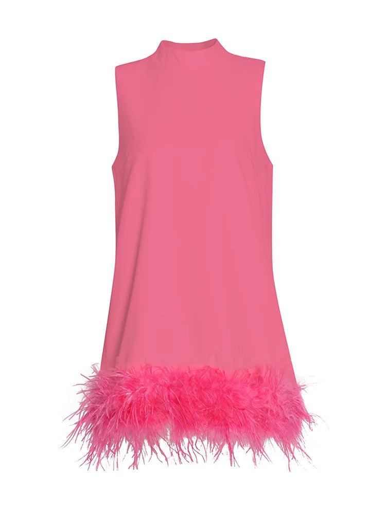 TWOTWINSTYLE Feather Fur Dress For Women O Neck Sleeveless Loose Tassel A Line Dresses Female Streetwear 2022 Summer Fashion New