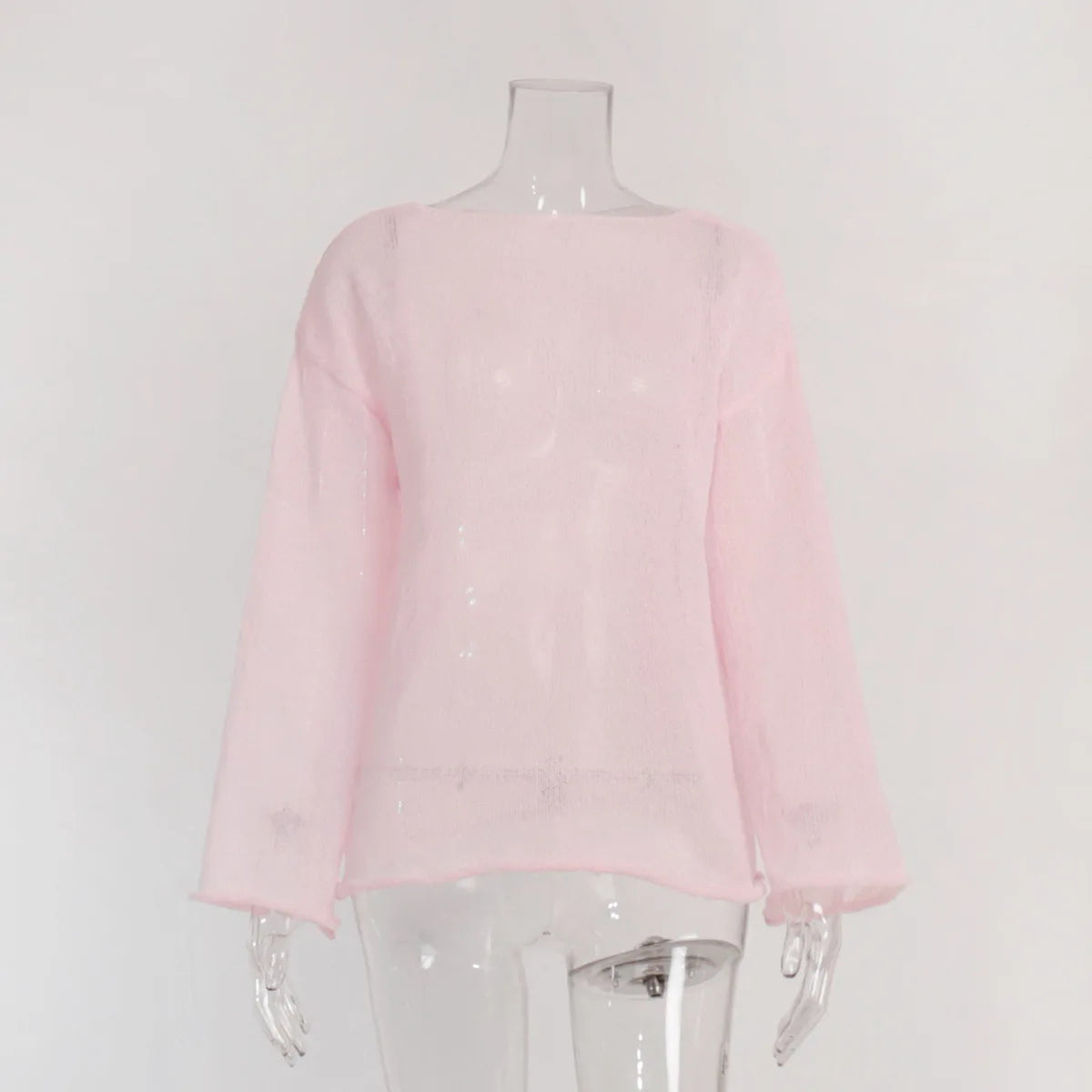 Original Fashion Hollow Out Knit Shirt Spring And Summer Women's Perspective Thin O-Neck Loose Elastic Long Sleeve Knit T-shirt