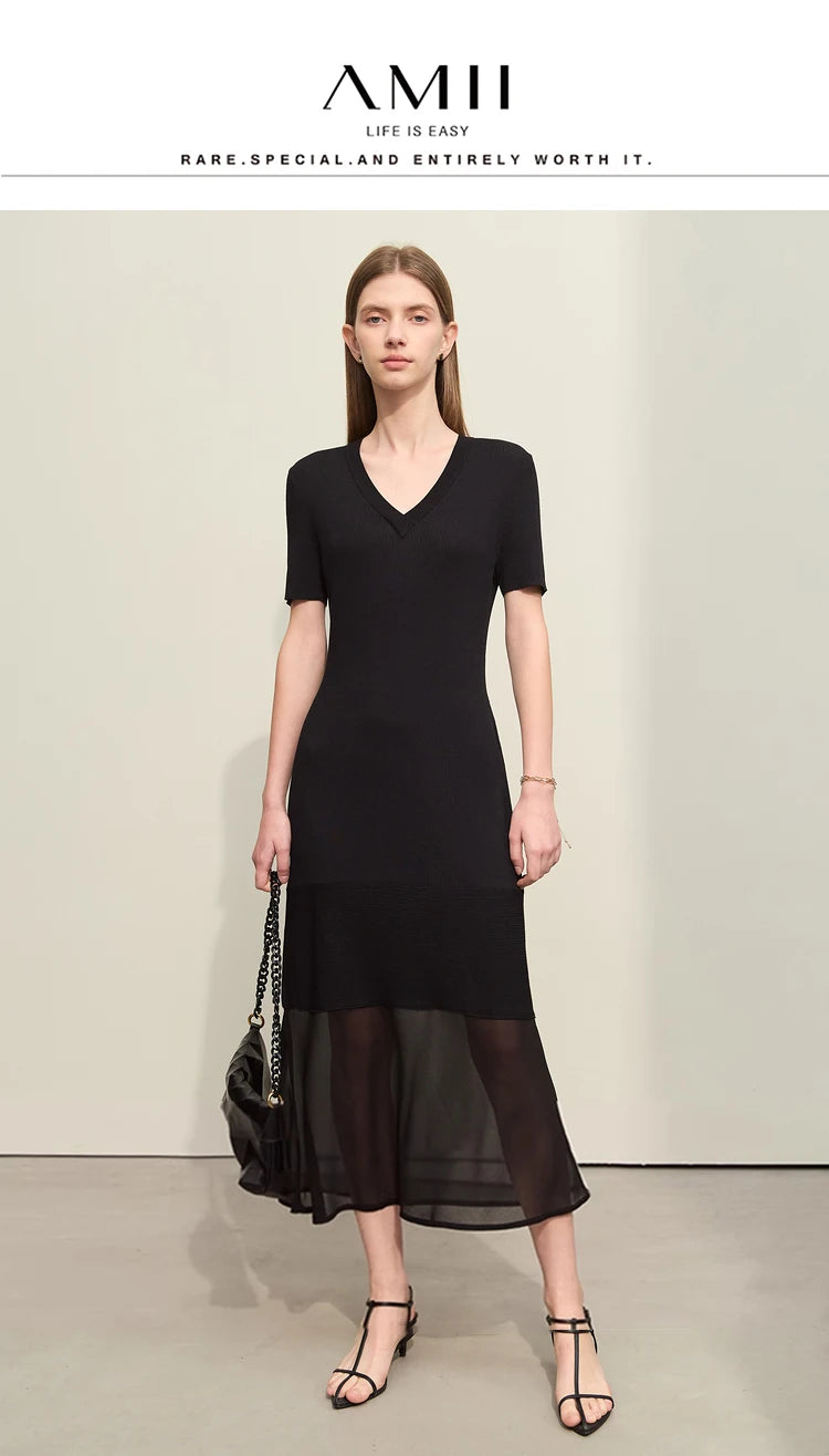 Amii Minimalism 2024 Women's Knitted Dresses Summer New V-neck Spliced Chiffon Short-sleeve Female Slim Fishtail Dress 12442152