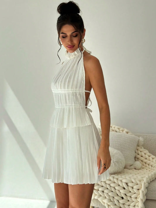 Women's Summer Elegance Back to school season commuter vacation Street fashion halter pleated halter Strap top and high wai