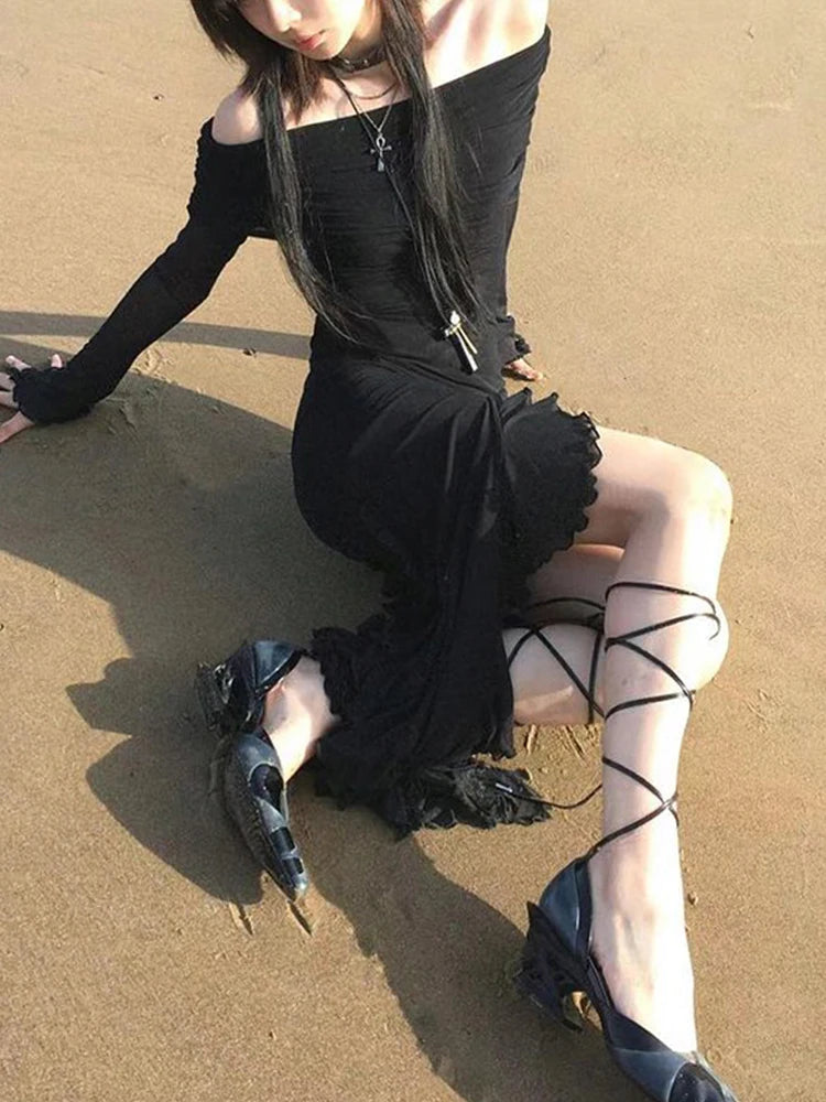 IAMSURE Elegant Fashion Dark Ruffles Split Long Dress Gothic Slash Neck Long Sleeve Maxi Dresses For Women 2023 Holiday Beach