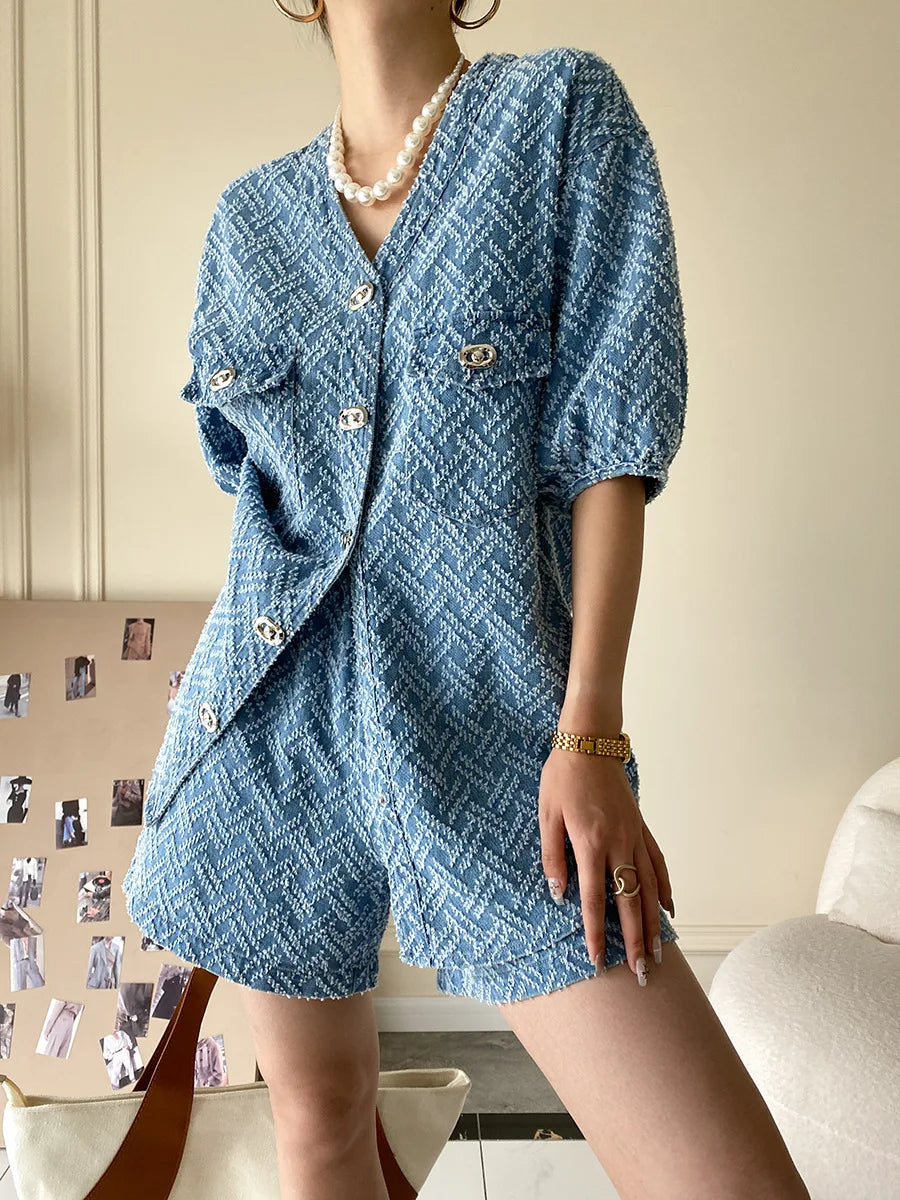 Women's Denim Short Sleeve Top and Shorts Two Piece Suit French Fashion Spring Summer Cowgirl Top Streetwear Korean Leisure New