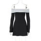 Talenza Elegant Backless Patchwork Mini Dress Women's Sexy One Shoulder Long Sleeve A-Line Dress Solid Slim Resort Mini Dress