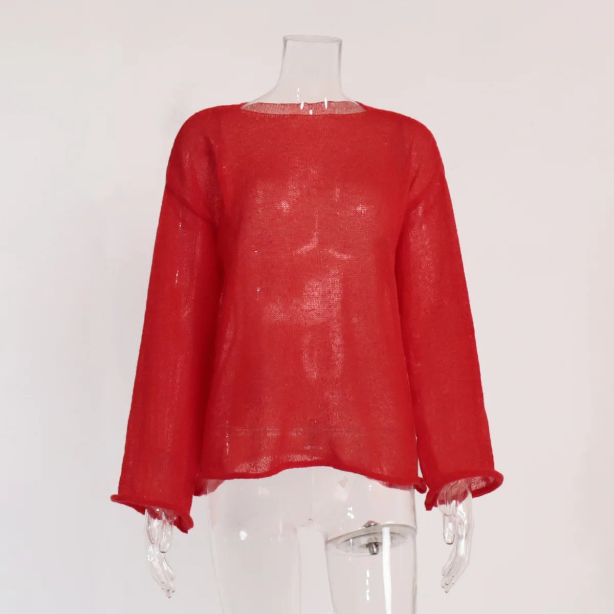 Original Fashion Hollow Out Knit Shirt Spring And Summer Women's Perspective Thin O-Neck Loose Elastic Long Sleeve Knit T-shirt