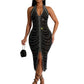 New Sexy Diamonds Halter Black Party Bodycon Midi Dress Women Sleeveless Backless Front Split Birthday Night Prom Club Vestidos