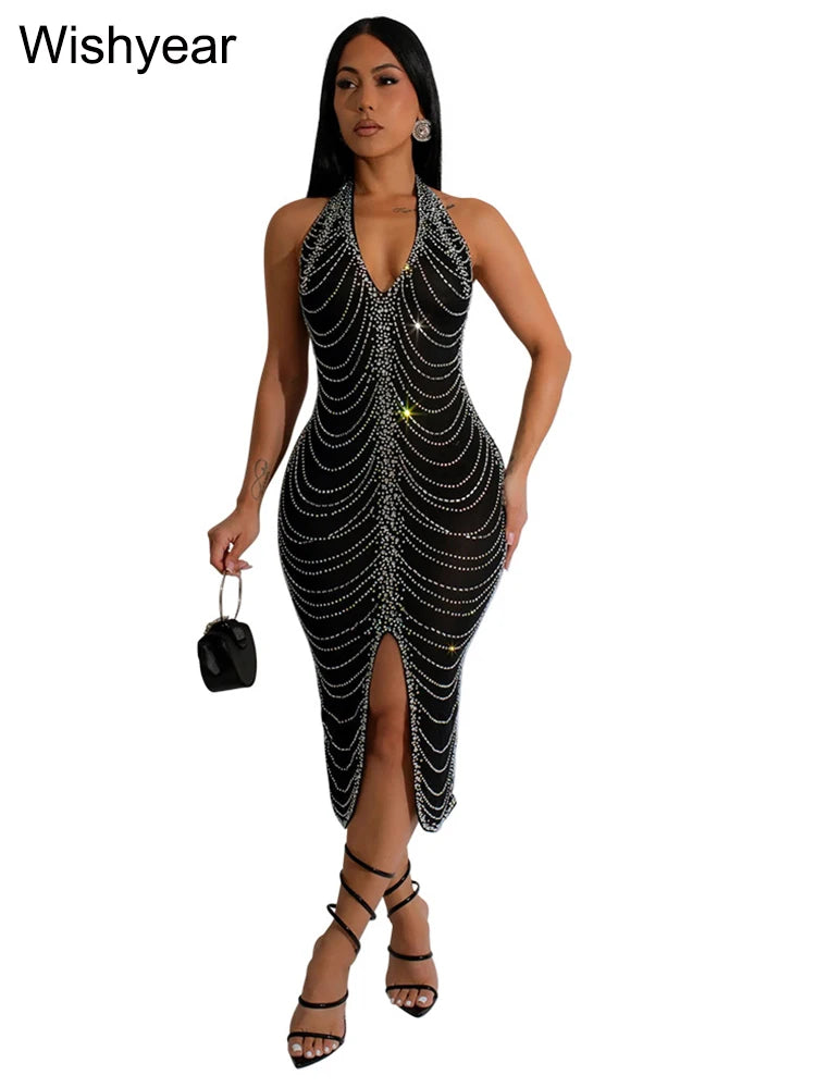 New Sexy Diamonds Halter Black Party Bodycon Midi Dress Women Sleeveless Backless Front Split Birthday Night Prom Club Vestidos