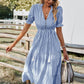 Women's Causal Striped Tassel Medium Long Dress V Neck Button Short Sleeve Spring Summer Dress