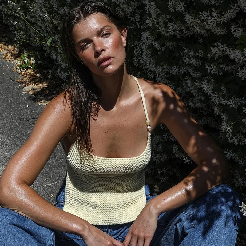 TARUXY Knitted Hollow Tanks Top Female Sexy Backless Lace Up Solid Sweater Vest Slim Halter Short Tops Casual 2025 Summer New