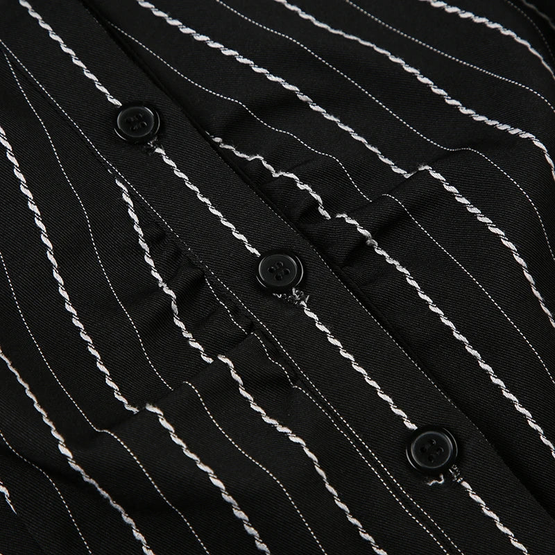 CIBBAR Black Striped Print Blouse Vintage 2000s Button Up Puff Short Sleeve Crop Top Women Korean Fashion T Shirt Streetwear y2k