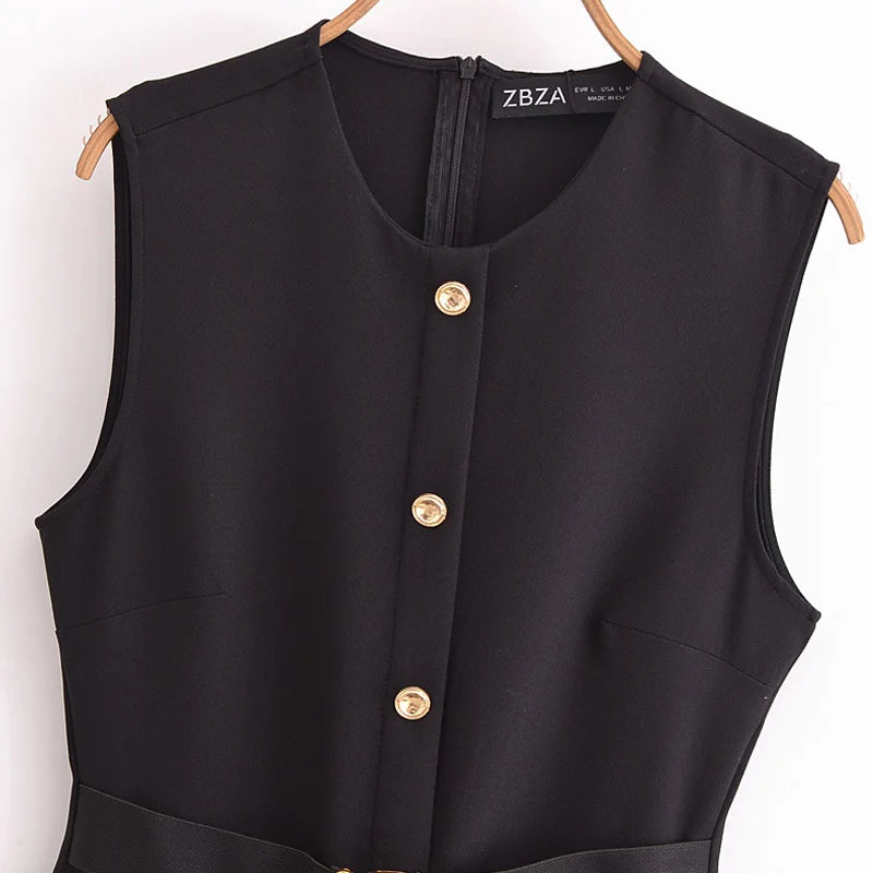 TRAF Women's Black Dress Summer 2025 Sleeveless Elegant Formal Dresses For Women Belt Vest Long Dress Button Casual Dresses