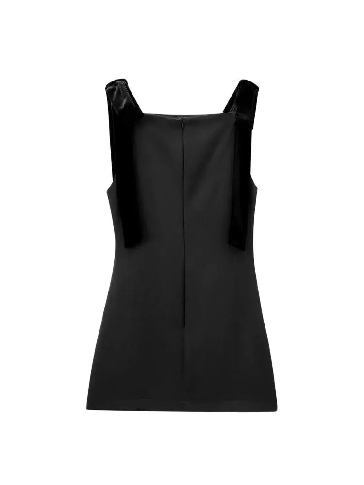 TRZA-Women's Contrast Velvet Bow Mini Dress, Straight Neck, Back Zipper, Female Dresses, Sexy Fashion