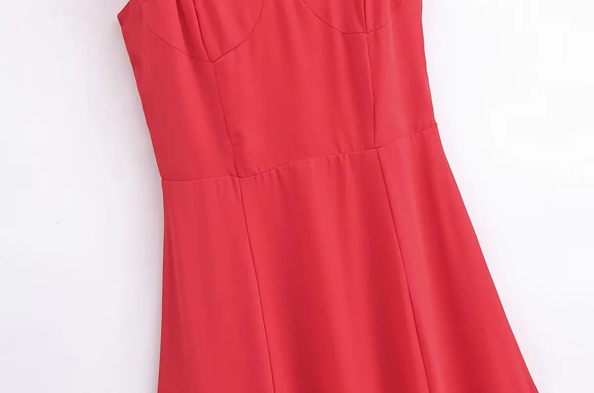 French Red Holiday Party Sling Summer Dress For Women Bow Shoulder A-line Slim Midi Chiffon Dresses