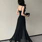 Korean V-Neck Spaghetti Strap Dress for Women Sexy Backless Waist-Tight Party Dresses Woman Elegant Black Sheer Midi Dress New