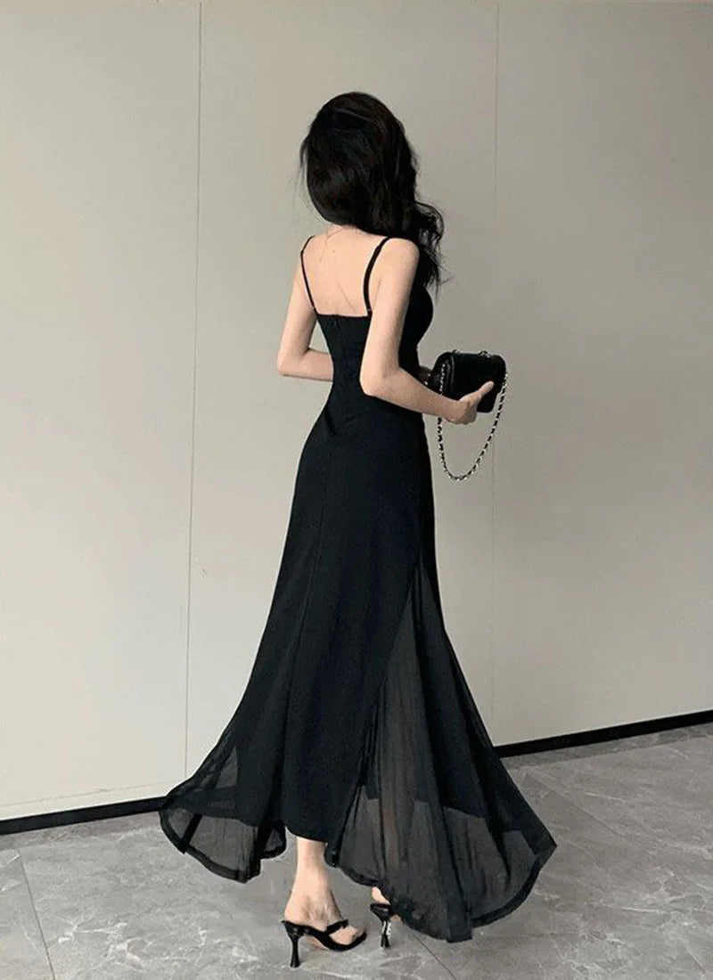 Korean V-Neck Spaghetti Strap Dress for Women Sexy Backless Waist-Tight Party Dresses Woman Elegant Black Sheer Midi Dress New
