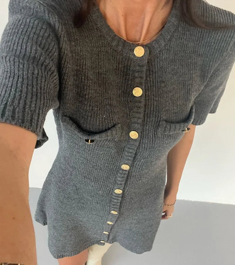 Trendix Elegant Knit Mini Dress Women Street Slim High Waist Short Sleeve Rib Sweater Dresses Vacation Bodycon Knitwear Dress