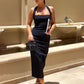 TARUXY One-Shoulder Bodycon Black Evening Dress For Women Sexy Backless Sleeveless Neck-Mounted Long Party Dress Female Elegant