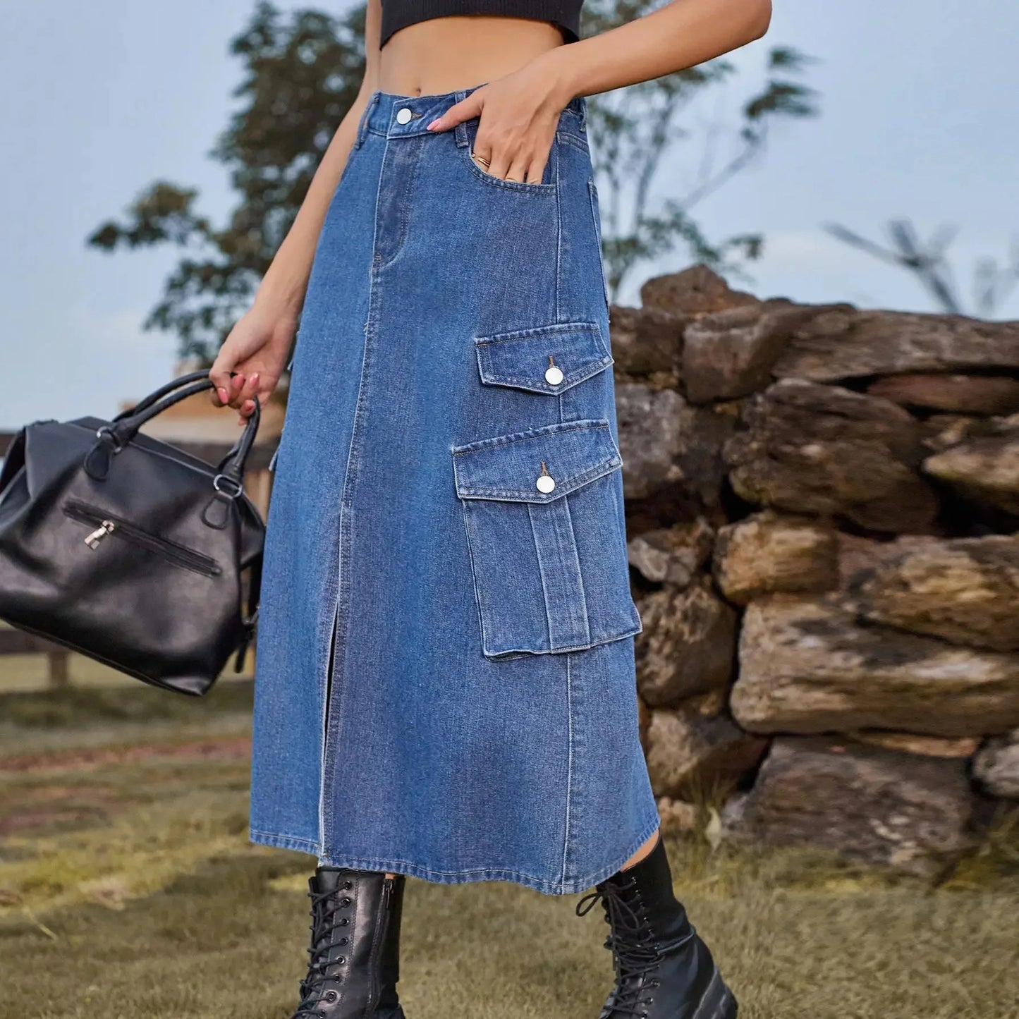 American Style Elastic Waist Denim Workwear Casual Long Dress Skirt New Arrival Women's Clothing European And American Crossbody