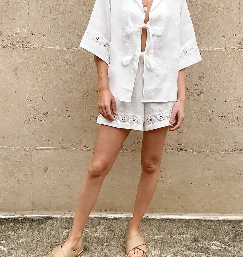 TARUXY Fashion White Cotton Linen Hollow Out Lace Up Top And Short Pants Suit Women's Loose Top Casual Splice Sets Lady Summer