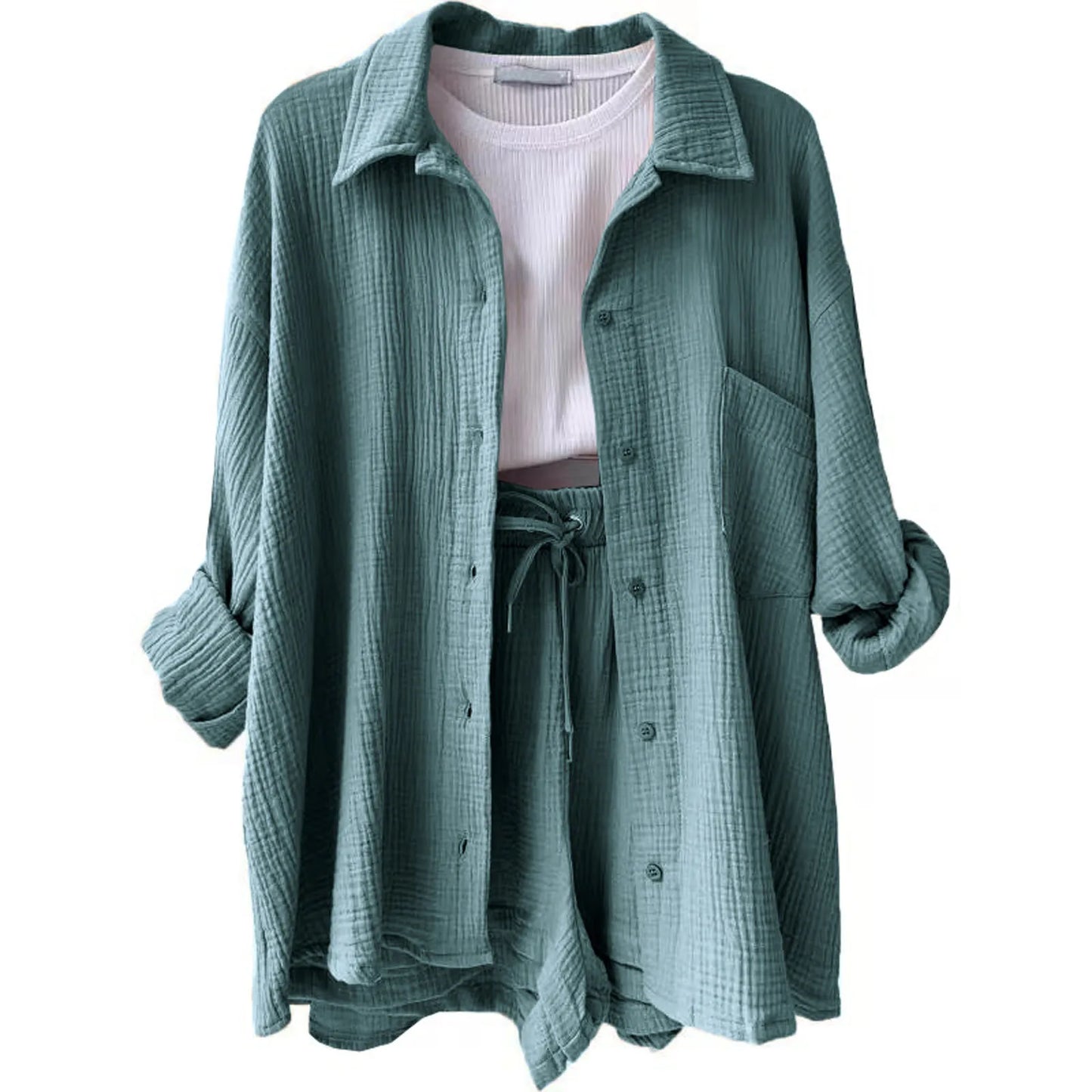 Summer Cotton Linen High Waist Shirt Shorts Women Turn Down Collar Long Sleeve Tops and Shorts Suit Cotton Casual Two Piece Sets