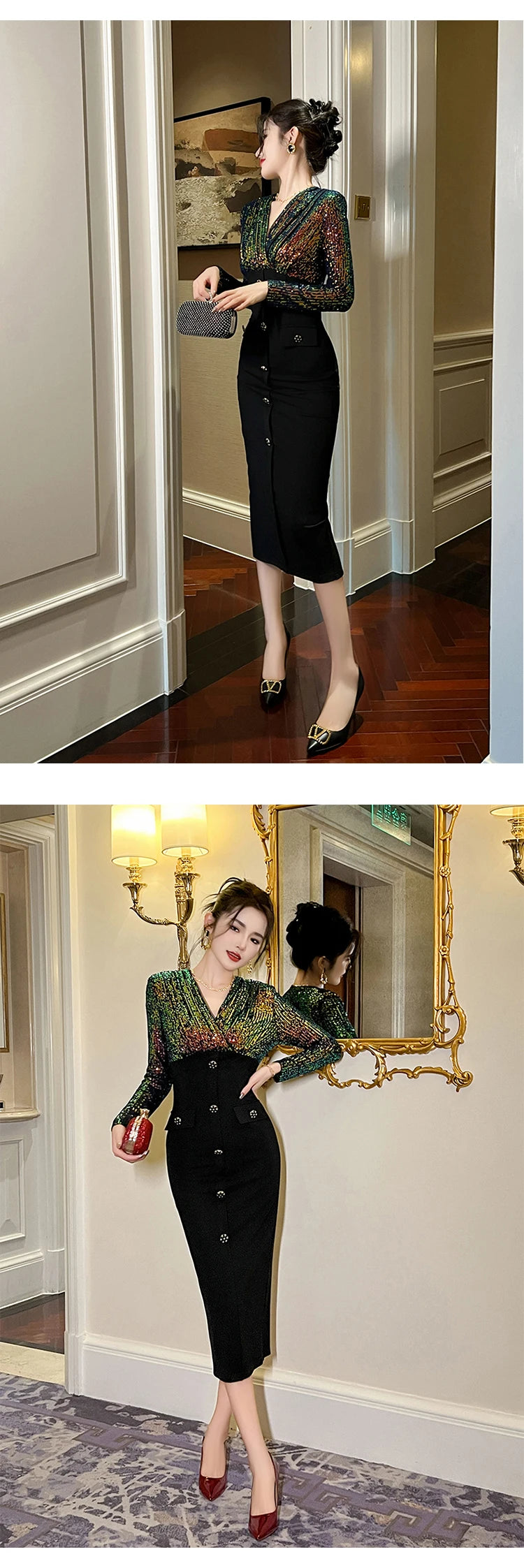 Luxury Elegant Annual Party Dress Women French Colorful Sequins Black Bodycon Single Breasted Robe Femme Banquet Prom Vestidos