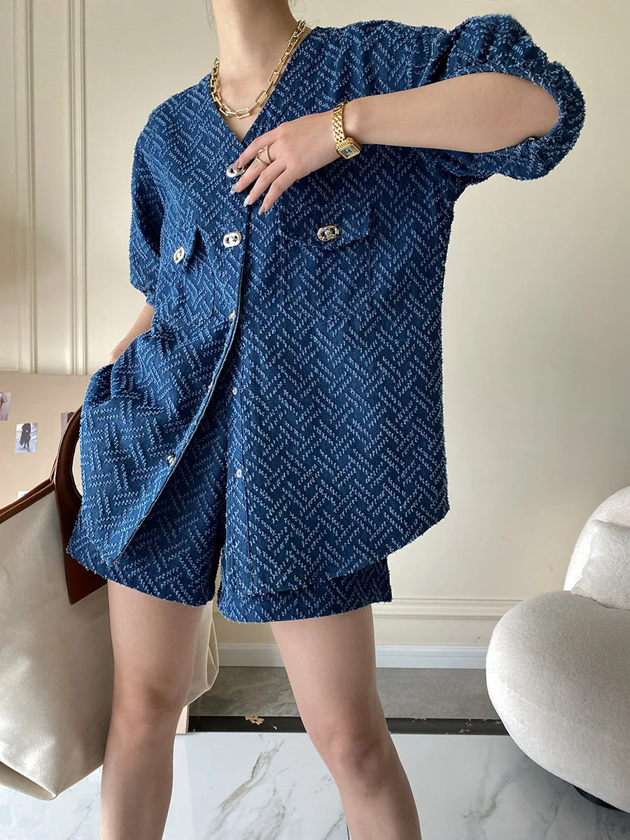 Women's Denim Short Sleeve Top and Shorts Two Piece Suit French Fashion Spring Summer Cowgirl Top Streetwear Korean Leisure New