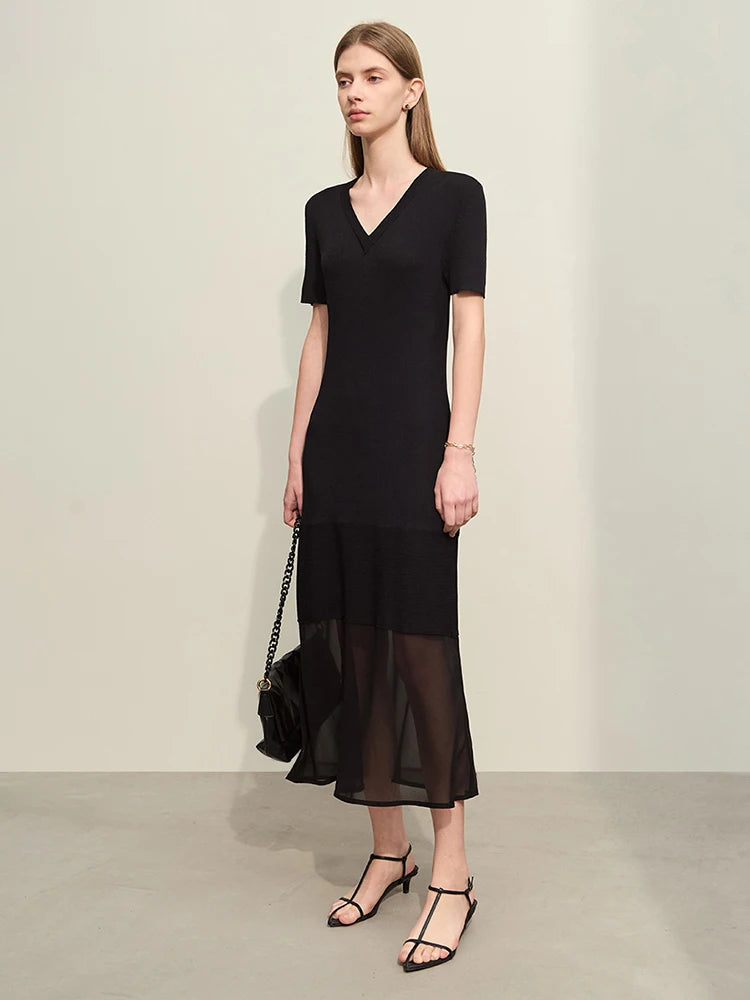 Amii Minimalism 2024 Women's Knitted Dresses Summer New V-neck Spliced Chiffon Short-sleeve Female Slim Fishtail Dress 12442152