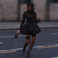 Talenza Black Mesh Sexy Mini Dress Female High Waisted Sheer Long Sleeve Patchwork A-Line Short Dress Luxury Party Evening Dress
