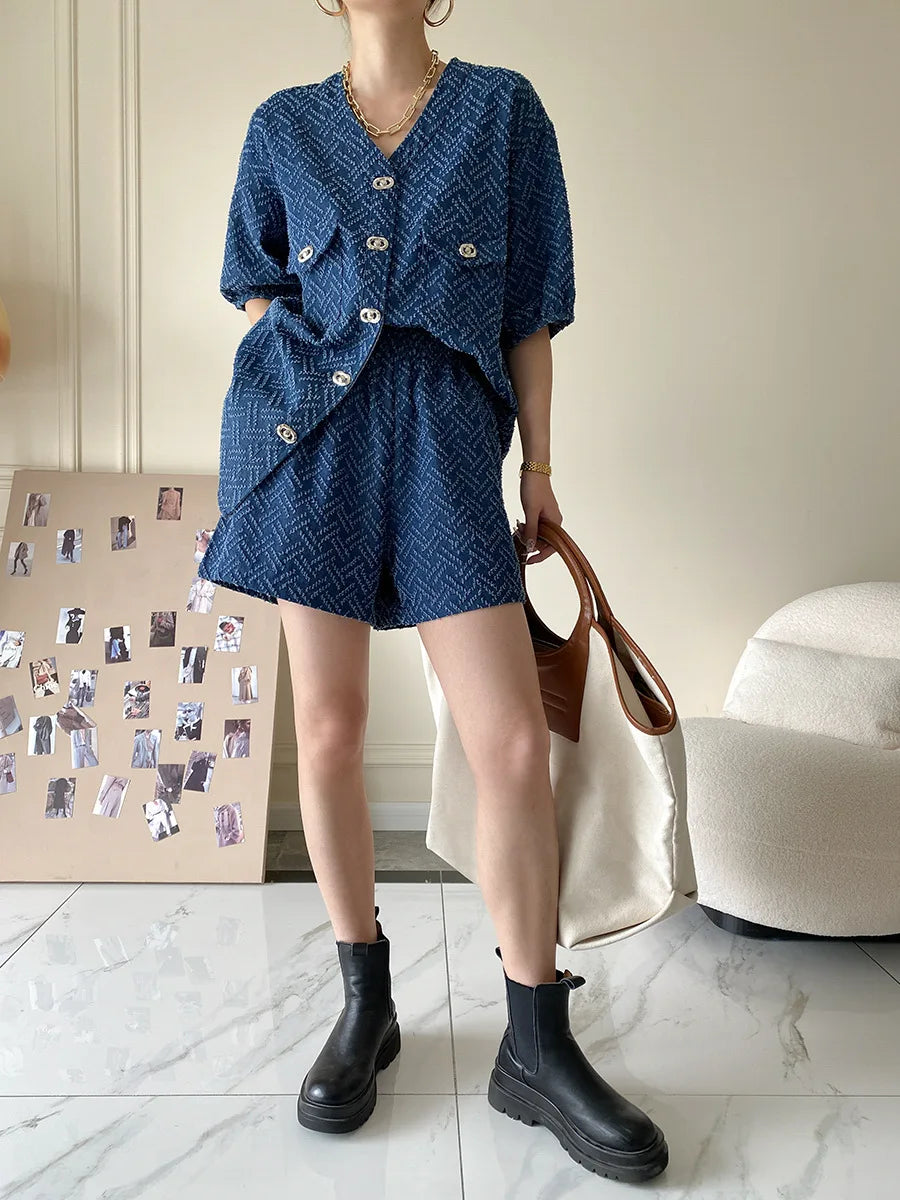 Women's Denim Short Sleeve Top and Shorts Two Piece Suit French Fashion Spring Summer Cowgirl Top Streetwear Korean Leisure New
