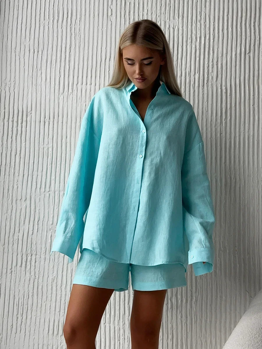 Wolfeel Women's Casual Shorts Sets 100% Cotton Solid Color Cozy Lapel Long Sleeve Shirt Summer New Elastic Waist Shorts Suits
