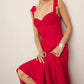 French Red Holiday Party Sling Summer Dress For Women Bow Shoulder A-line Slim Midi Chiffon Dresses