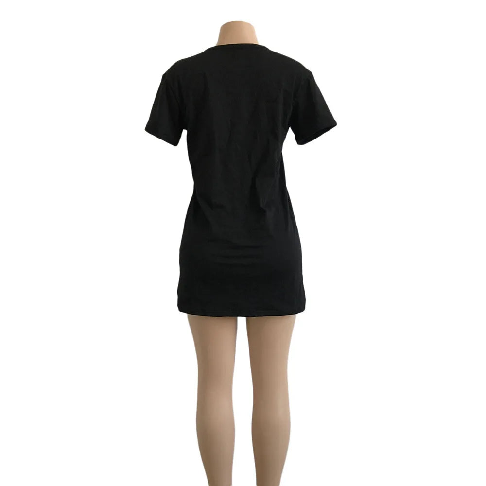 Summer Sexy Mini Black Dress 2025 V Neck Cut Out Loose Dress Women Elegant Short Sleeve Club Party Dress Solid Color Streetwear