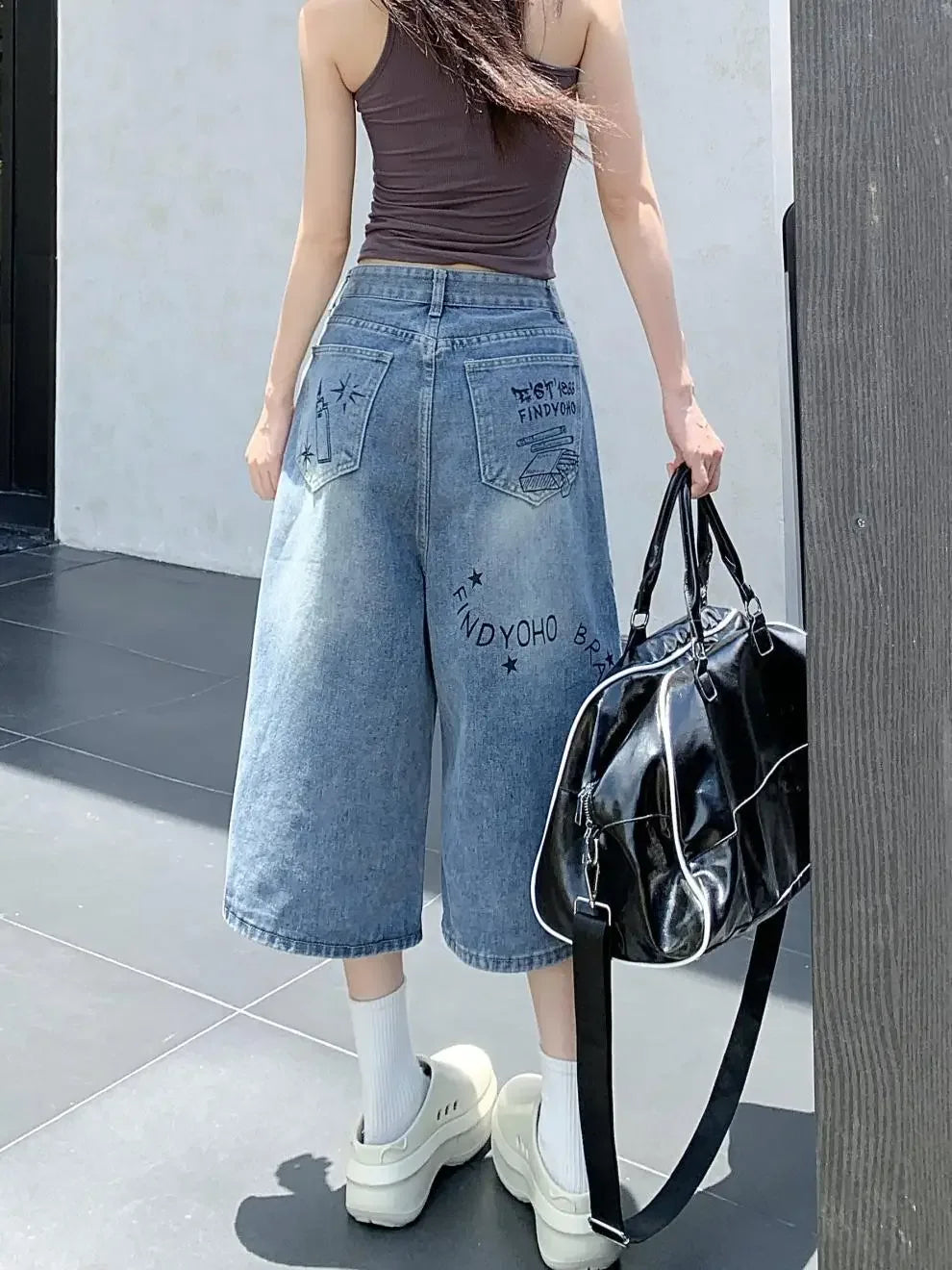 American Style Retro Street Women's Mid-Length Jeans Graffiti Design Loose Straight Cut Shorts Casual Fashionable Denim Shorts