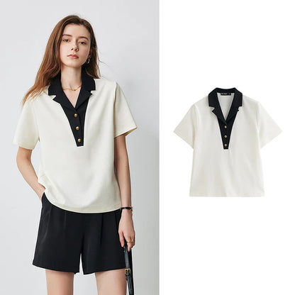 TOYOUTH Women Contrasting Colors POLO Collar T-shirt 2025 Summer New Short Sleeved Top