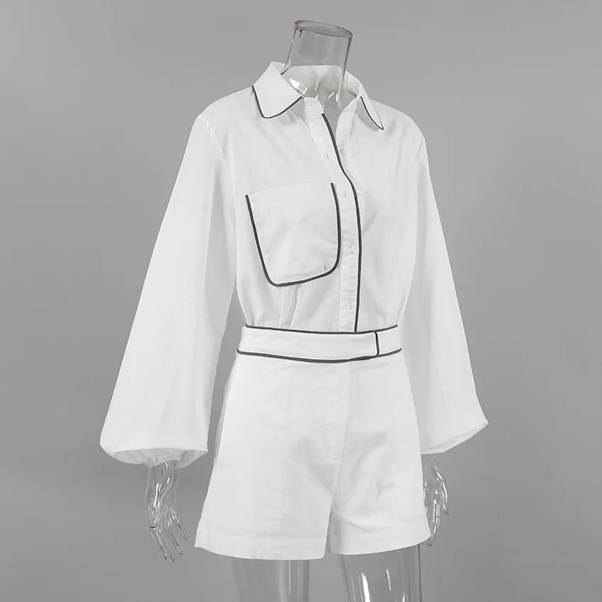 Bornladies 100% Cotton Casual Fashion Long Sleeve Set Summer Women's Pocket Black White Chic Shirt Shorts Loose Two-piece Set