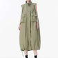 [EAM] Women Green Pocket Hem Drawstring Big Size Vest Dress New Stand Collar Sleeveless Fashion Tide Spring Autumn 2025 1DJ0147