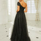 Missord Elegant Black Dot Tutu Evening Dress Women Off Shoulder Sleeveless A-line Thigh Split Party Dresses Long Prom Ball Gown