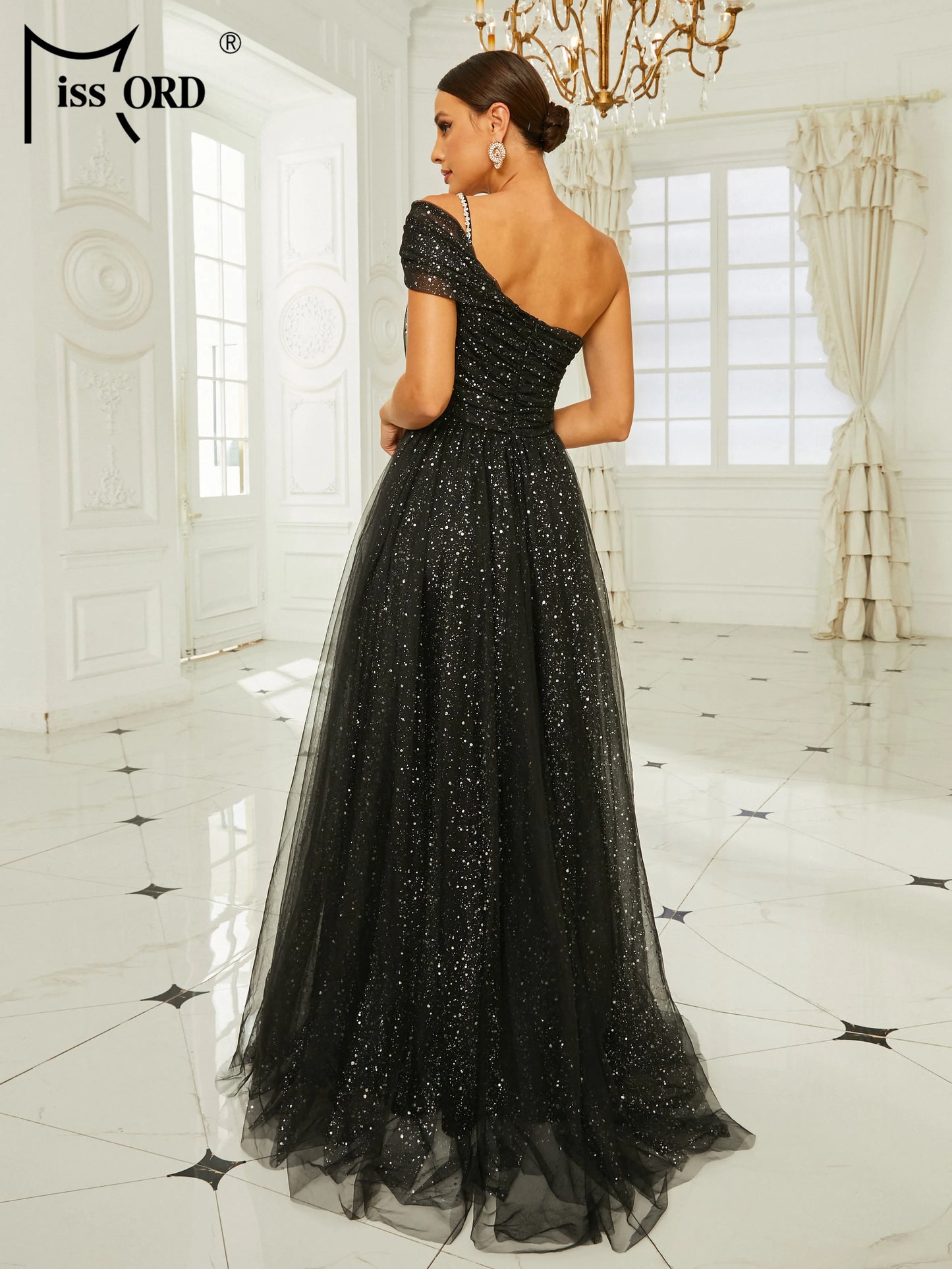 Missord Elegant Black Dot Tutu Evening Dress Women Off Shoulder Sleeveless A-line Thigh Split Party Dresses Long Prom Ball Gown