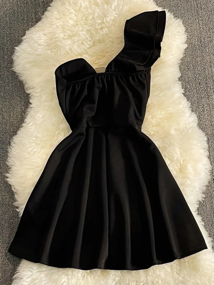 Women Black White Ruffled One Shoulder Sleeveless Mini Dress Strapless Mesh Patchwork High Waist A-line Party Dress Vestidos