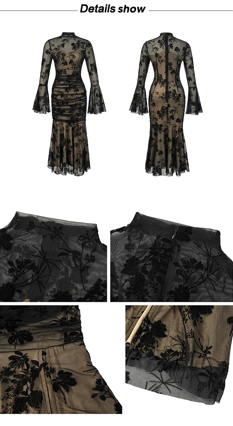 French Elegant Prom Dresses Woman Retro Black Perspective Elastic Mesh Folds Wrap Hip Slit Fishtail Robe Female Party Vestidos