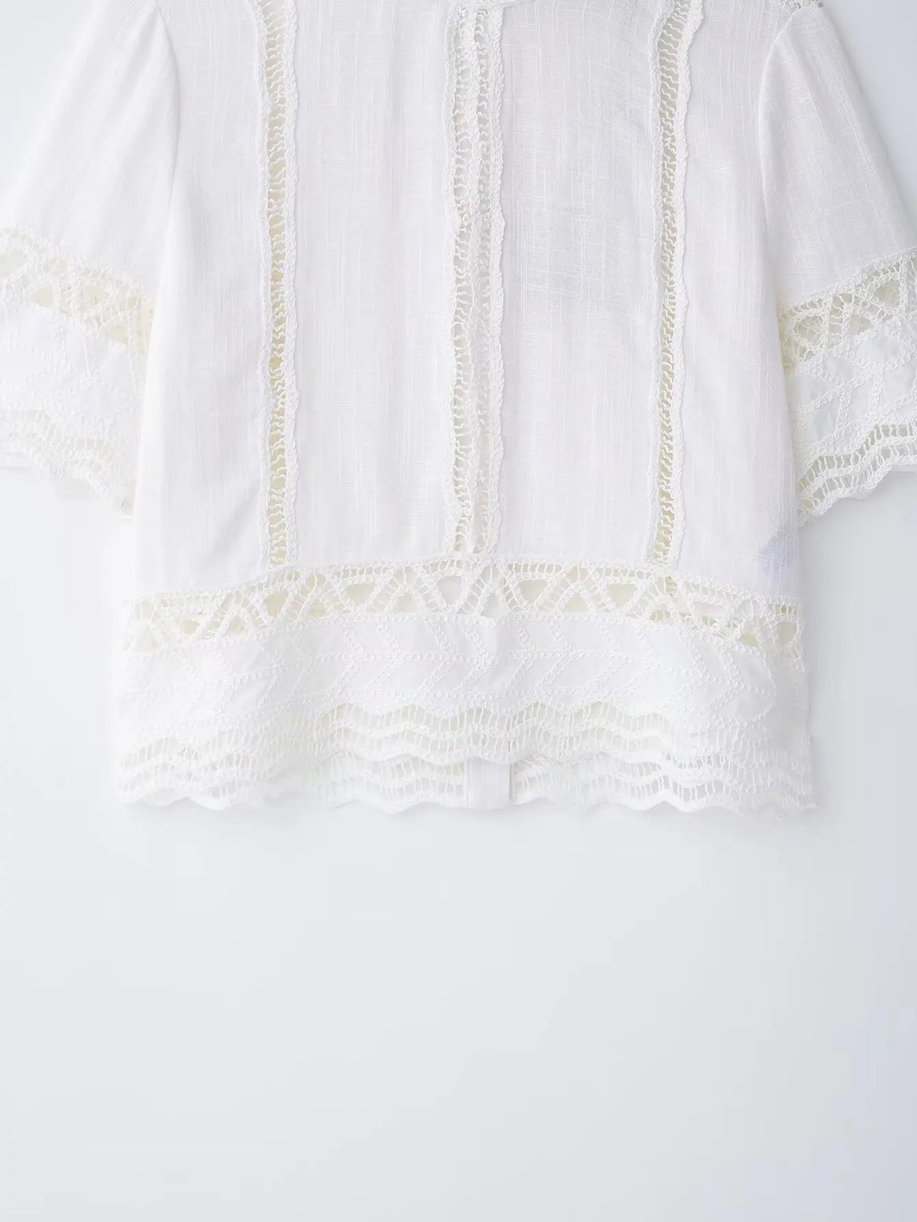 TRAFZA Women Fashion O-Neck Crocheting Details White Skirt Suit Short-sleeve Blouse+Side Zipper White Pleated Midi Se Long Skirt