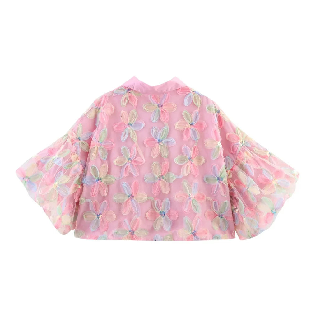 PB&ZA 2025 Women's Pink Short - length Blouse with Colorful Floral Embroidery Puff Sleeves and Collar for a Sweet Look