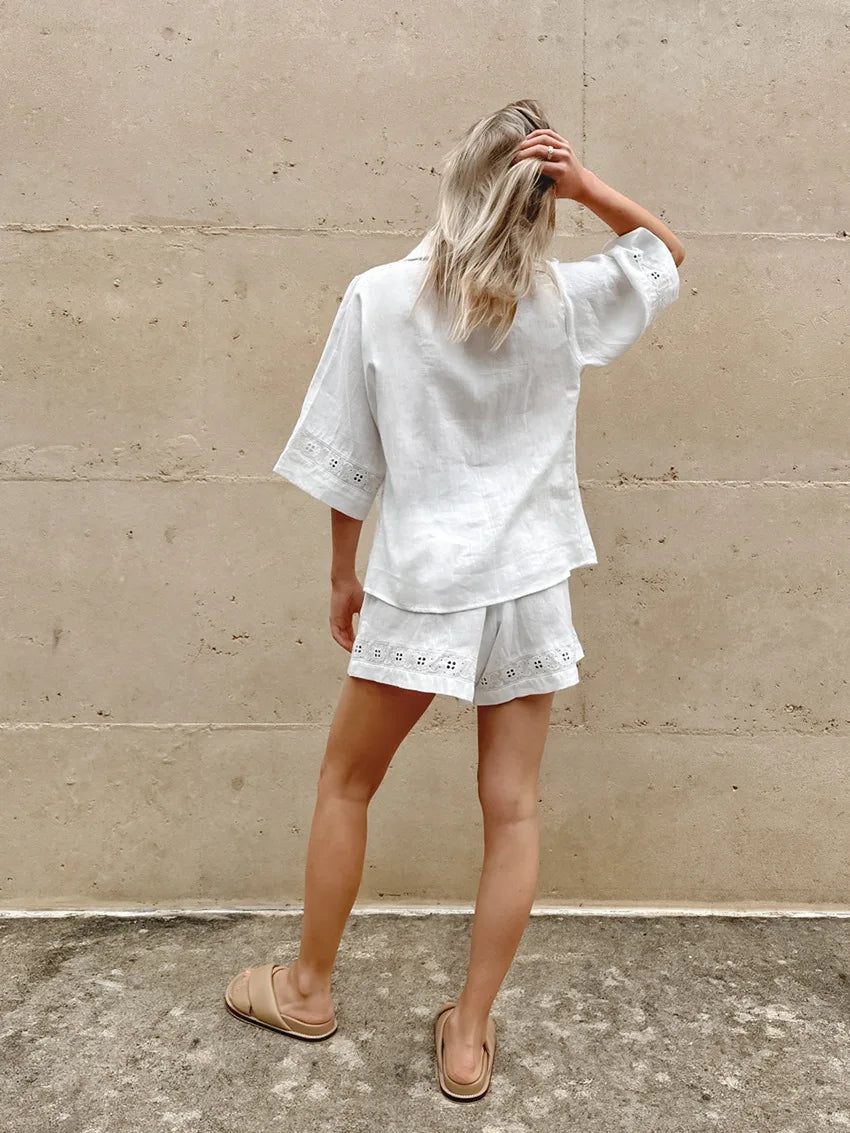 TARUXY Fashion White Cotton Linen Hollow Out Lace Up Top And Short Pants Suit Women's Loose Top Casual Splice Sets Lady Summer